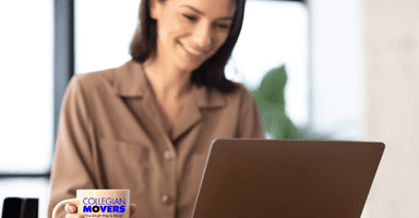 woman looking at information on a laptop while relaxing with a mug of coffee