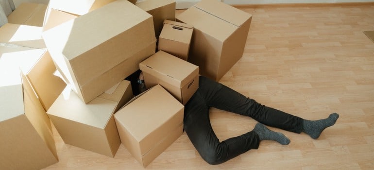 A man who is moving from Connecticut to Virginia is under a lot of boxes.