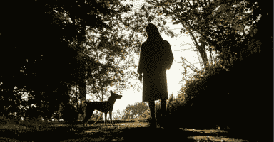Person walking a dog on a path in Stamford in twilight
