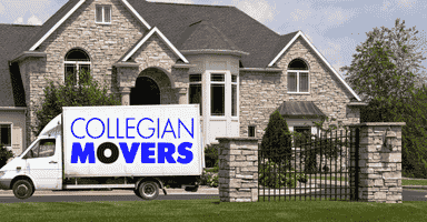 Professional moving truck from Collegian Movers parked in front of a Westport CT house for a residential move.