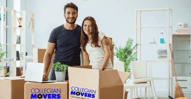 happy couple who are using the unpacking services after their move.