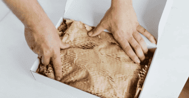 Professional packing services packing a box with paper to secure items