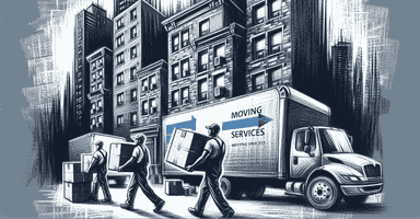 moving truck and movers in a downtown setting providing Stratford moving services