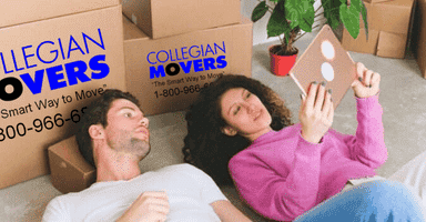 A couple lying on floor and looking at their laptop looking for movers Ansonia CT